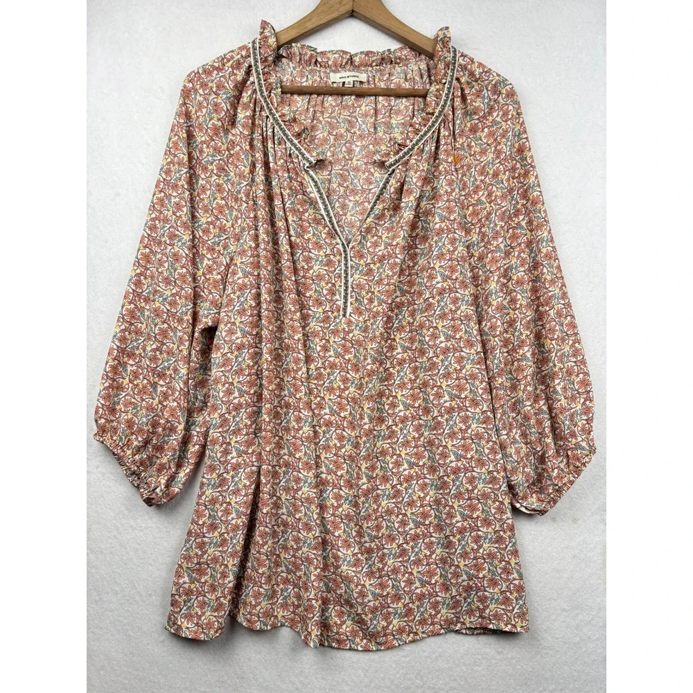 Max Studio Floral Blouse Womens 1X Ruffle Neck Peasant Top Boho Cottagecore - Picture 1 of 7
